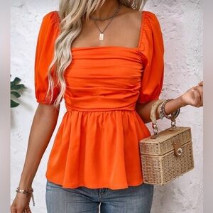 Square neck peplum Orange Women's Top